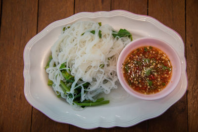 High angle view of food in plate on table