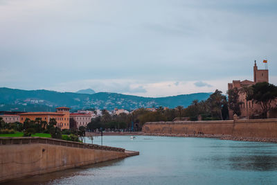 View of lake in front of cathredral of santa maria, palma de mallorca, spain