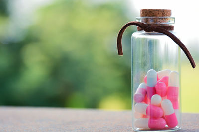 Close-up of capsules in bottle