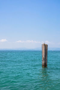 Wooden post in sea against sky