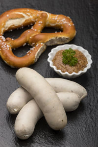 High angle view of bread in plate on table