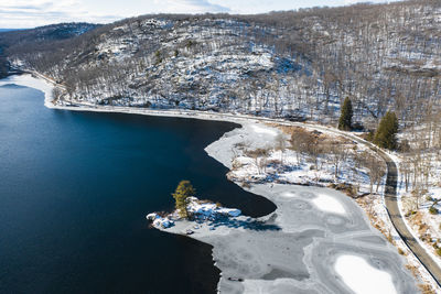 Aerial view of snow covered land