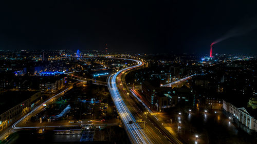 High angle view of illuminated city at night