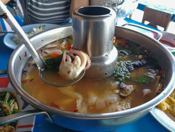 High angle view of soup in bowl on table