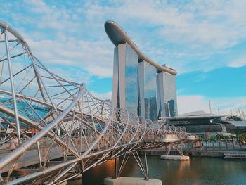 View of ferris wheel by river against cloudy sky