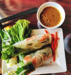 High angle view of meal served on table