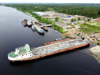 High angle view of boats moored in sea