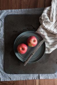 High angle view of fruits in bowl on table