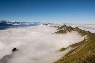 Scenic view of mountains against cloudy sky