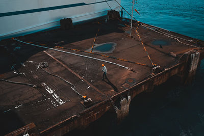 High angle view of boats moored in sea