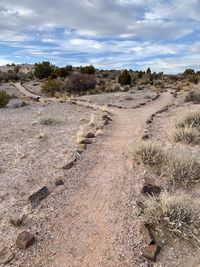 Scenic view of landscape against sky. pathway in the desert 