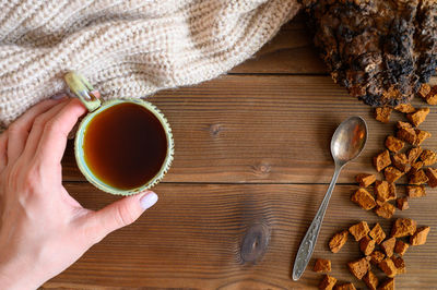 High angle view of tea cup on table