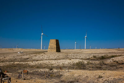 Wind turbines against clear blue sky