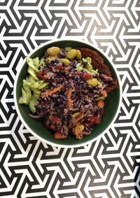 High angle view of salad in bowl on table