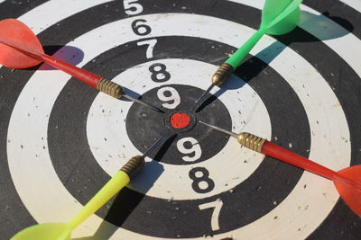 High angle view of dartboard