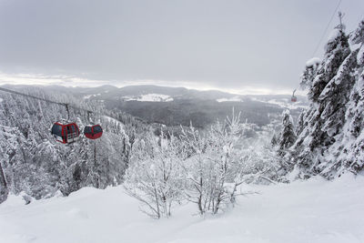 Snow covered land and mountains against sky