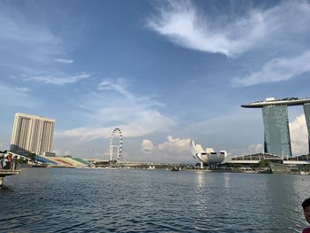 City at waterfront against cloudy sky