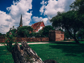 Trees growing by building against sky