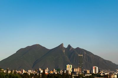 Panoramic view of buildings in city against clear blue sky