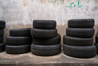 Stack of objects against wall