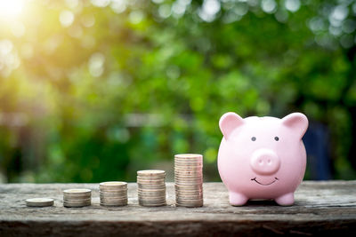 Close-up of coins on table against blurred background