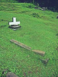 High angle view of cemetery on field