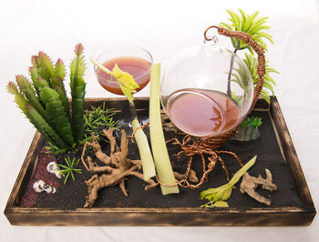 High angle view of christmas decorations on table