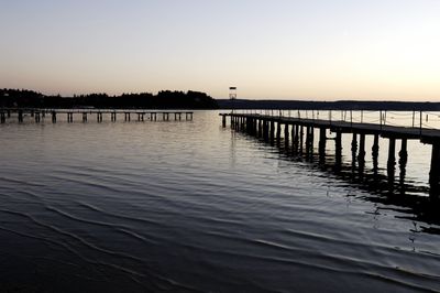 Scenic view of lake against clear sky during sunset