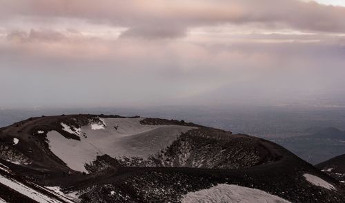 Scenic view of snowcapped mountains against sky during sunset