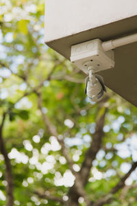 Low angle view of security camera on ceiling against trees