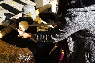 High angle view of person preparing food