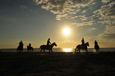 Silhouette people riding horses on beach against sky during sunset