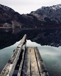 Pier on lake against mountains