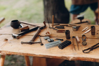 High angle view of tools on table