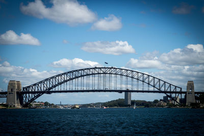 Low angle view of bridge against cloudy sky