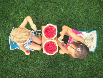 High angle view of children on grass