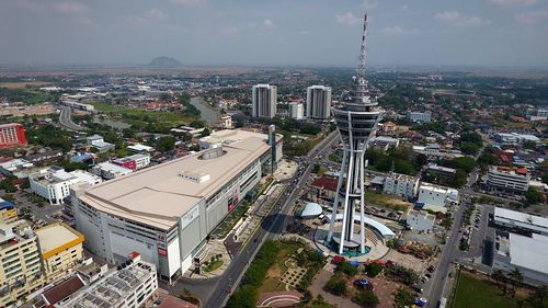 High angle view of cityscape against sky