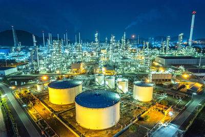 Aerial view drone of oil storage tank with oil refinery plant at beautiful sky sunset and twilight.