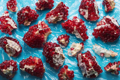 High angle view of fruits in cake