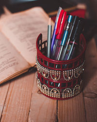 High angle view of books on table