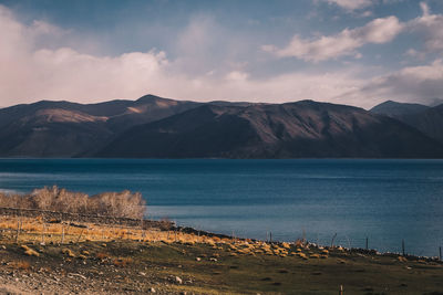 Scenic view of lake and mountains against sky