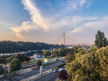 High angle view of bridge against cloudy sky