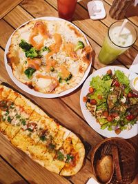 High angle view of food served on table