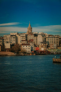 Buildings in city against blue sky