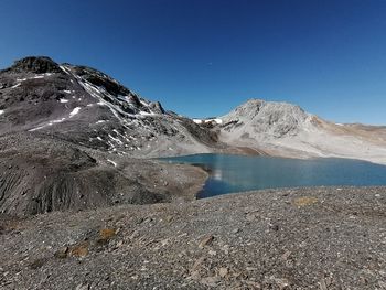 Scenic view of snowcapped mountains against clear blue sky