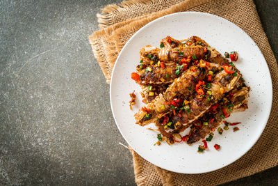 High angle view of food in plate on table