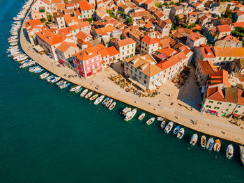 Aerial of stari grad old town in croatia in summer with historic buildings.