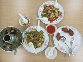 High angle view of food served on table