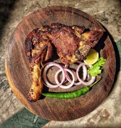 High angle view of food on barbecue grill