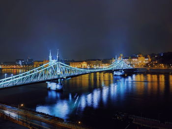 Illuminated bridge over river at night